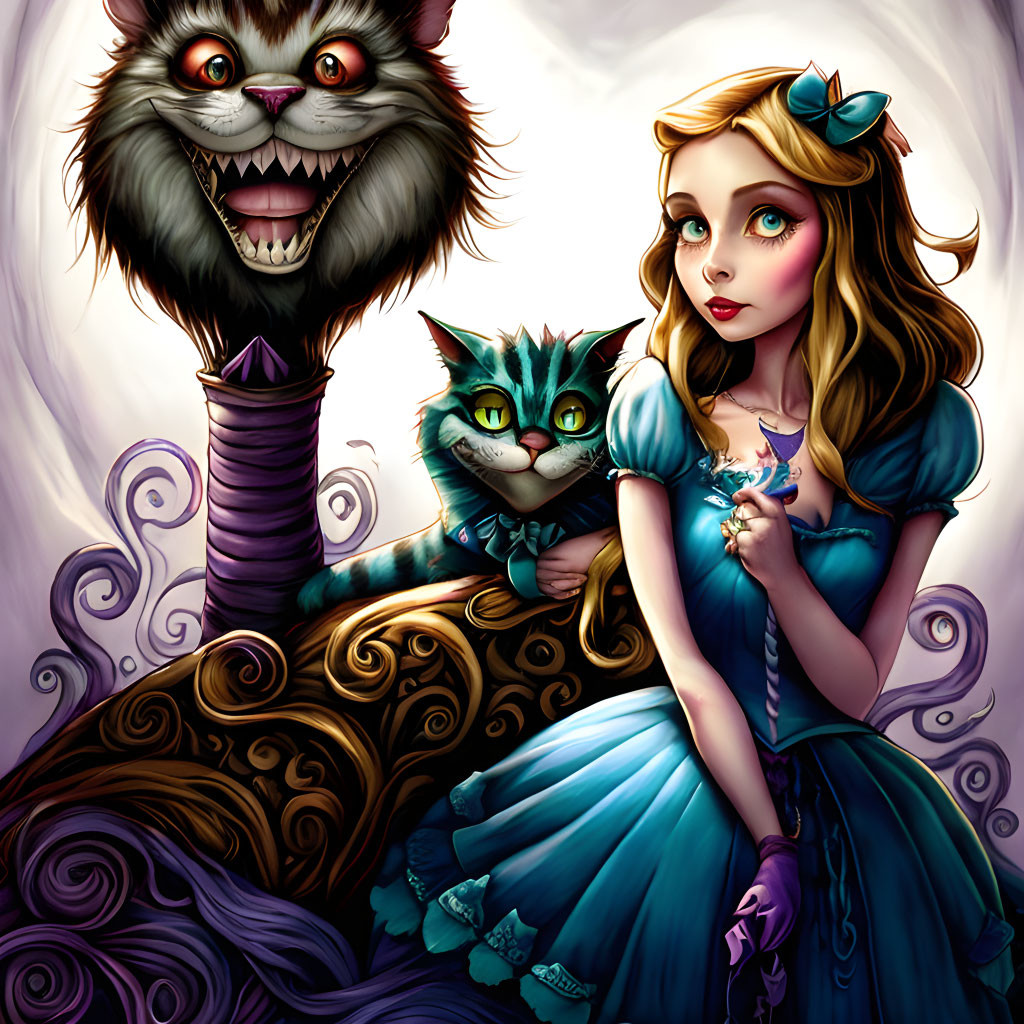 Whimsical Alice in Wonderland illustration with Cheshire Cats