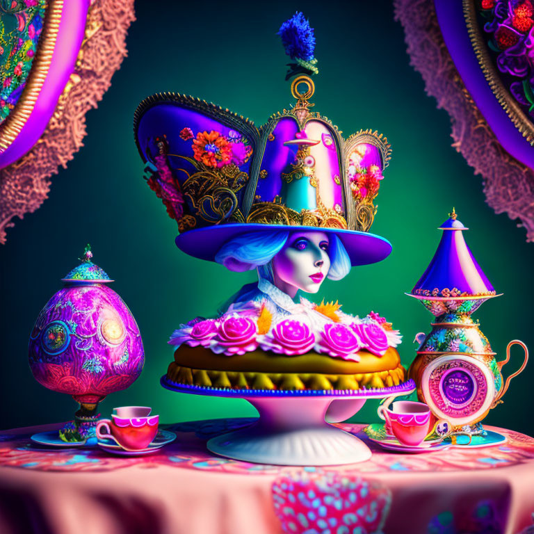 Vibrant still life featuring woman's face in teacup surrounded by teapots, cups