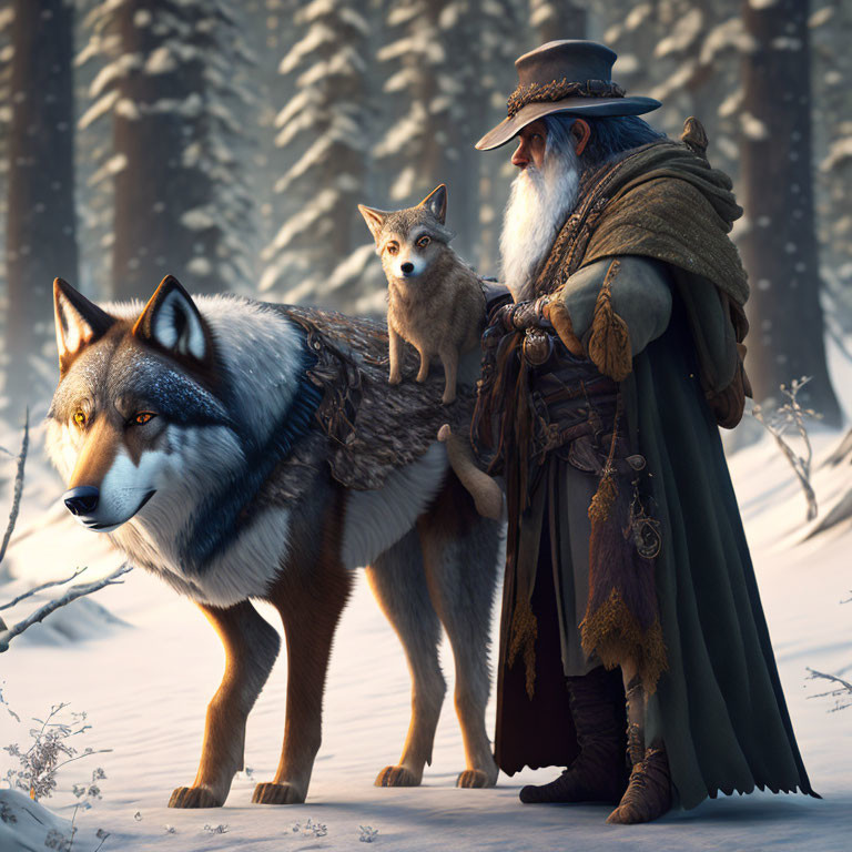 Elder fantasy character with beard in snowy forest with wolf and fox