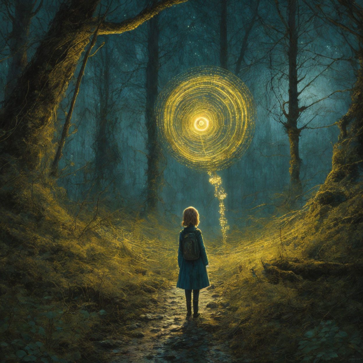 Child at Forest Path Facing Glowing Portal