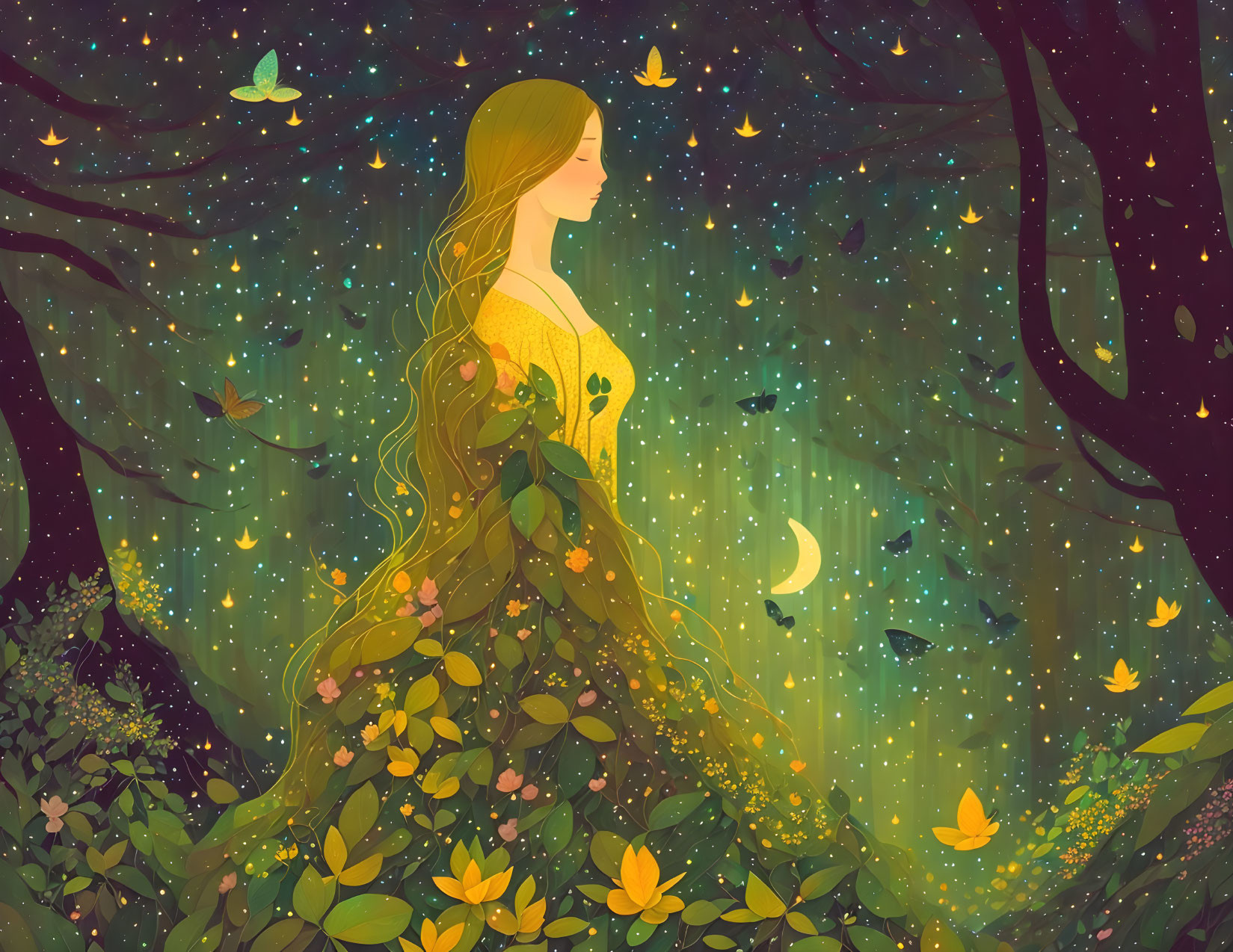 Illustration of woman with long hair among glowing forest and butterflies