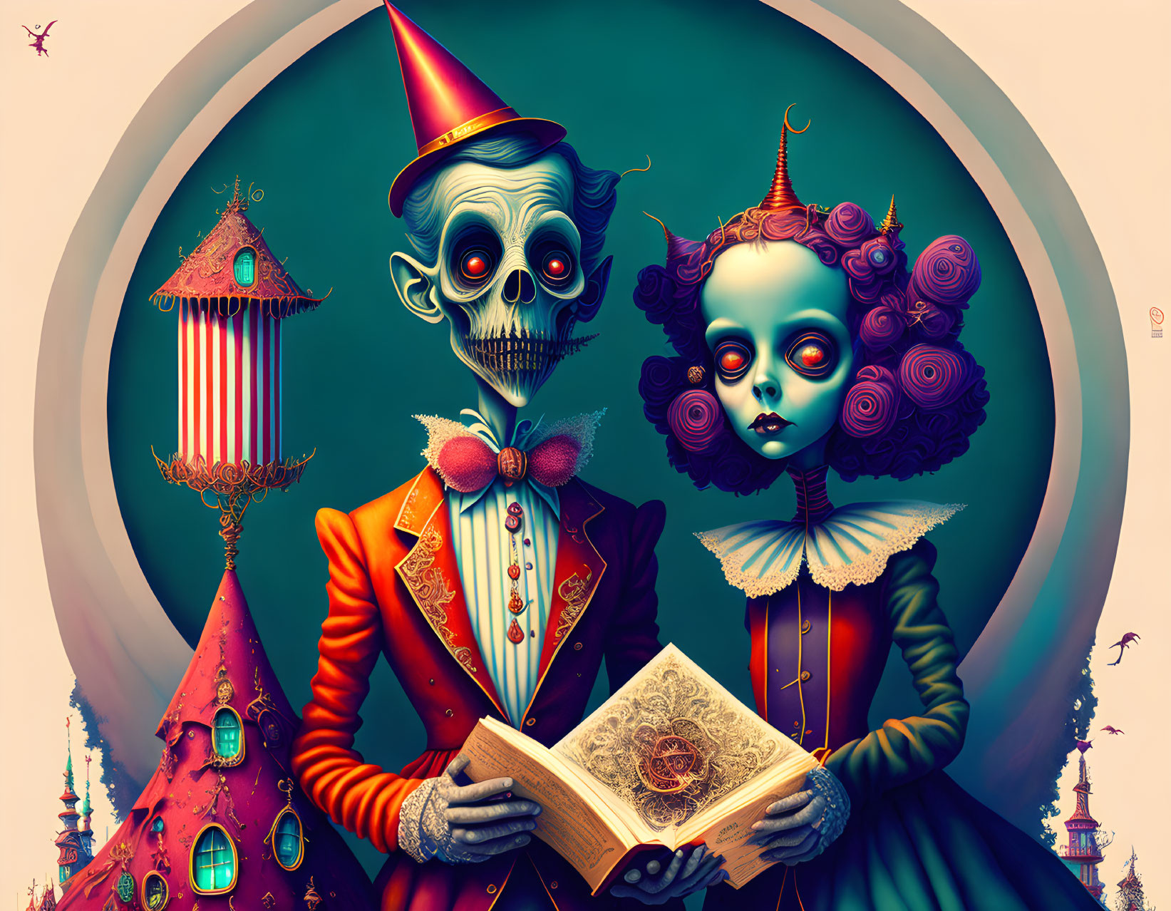 Colorful illustration: Skeleton-faced characters in vintage attire with ornate book, set against fantastical architecture