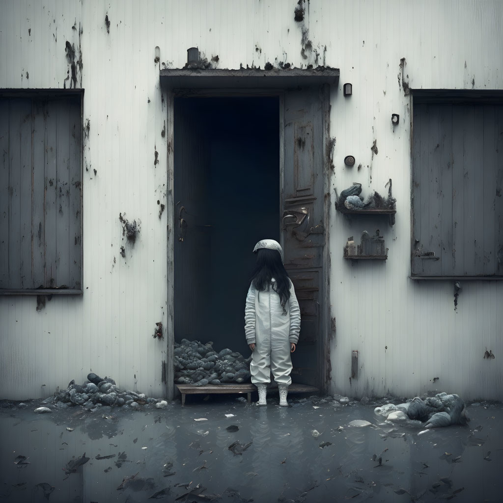 Child in astronaut costume at abandoned building entrance surrounded by debris