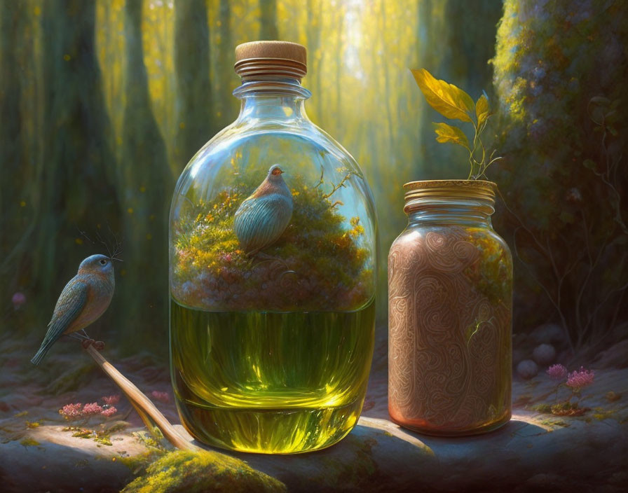 Artwork featuring two birds, one on a branch and the other in a bottle, set in a