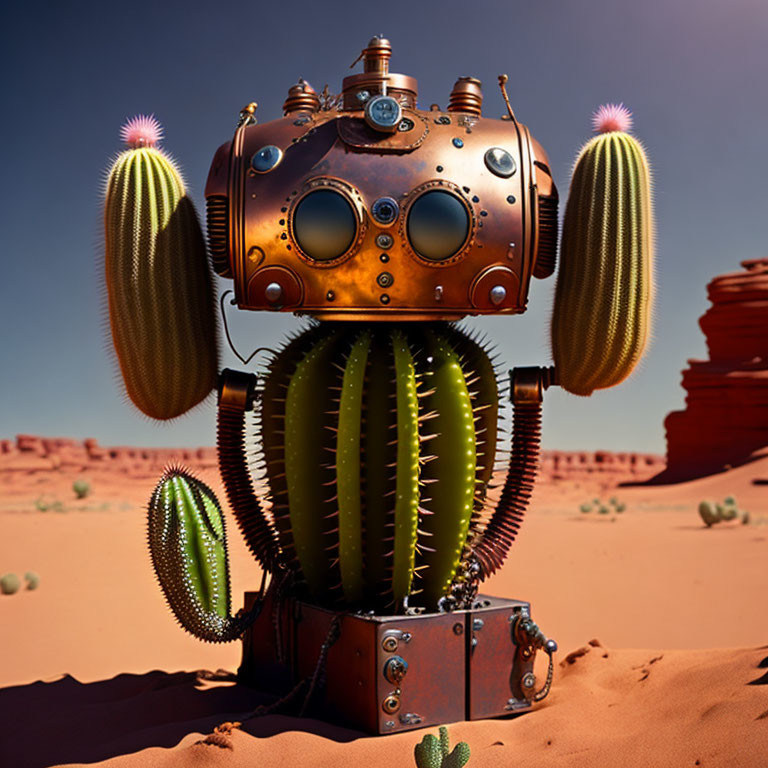 Illustration of cactus in diver's helmet with gears and clocks in desert