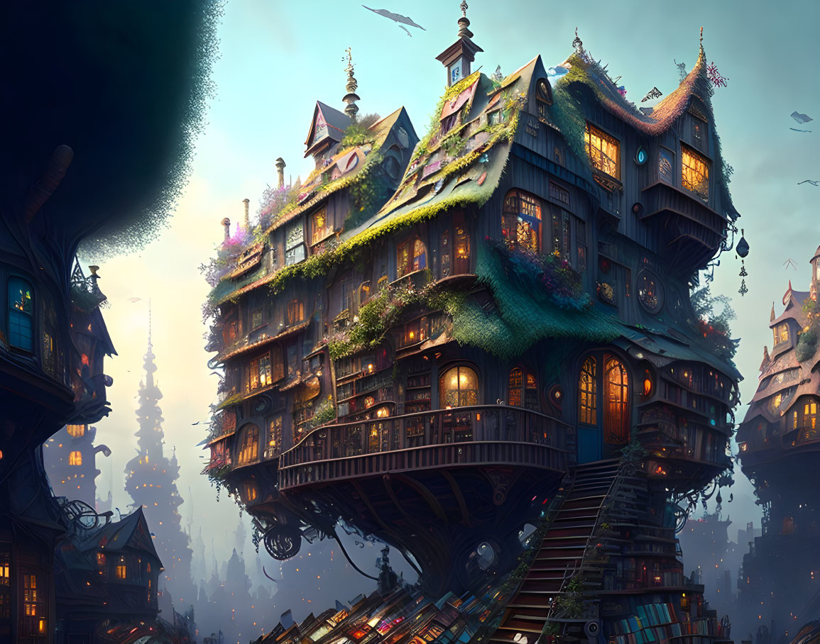 Intricate Multi-Level Twilight Treehouse in Magical Forest