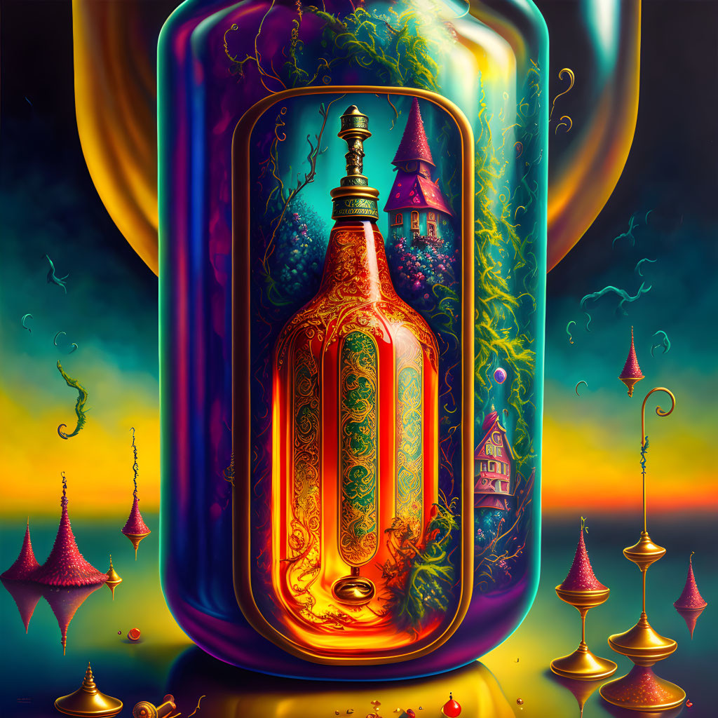 Surreal glowing bottle in bubble with whimsical architecture