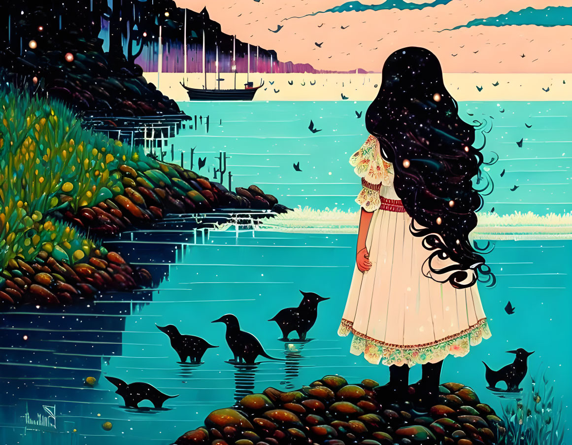 Illustration of girl in dress at sunset by tranquil lake