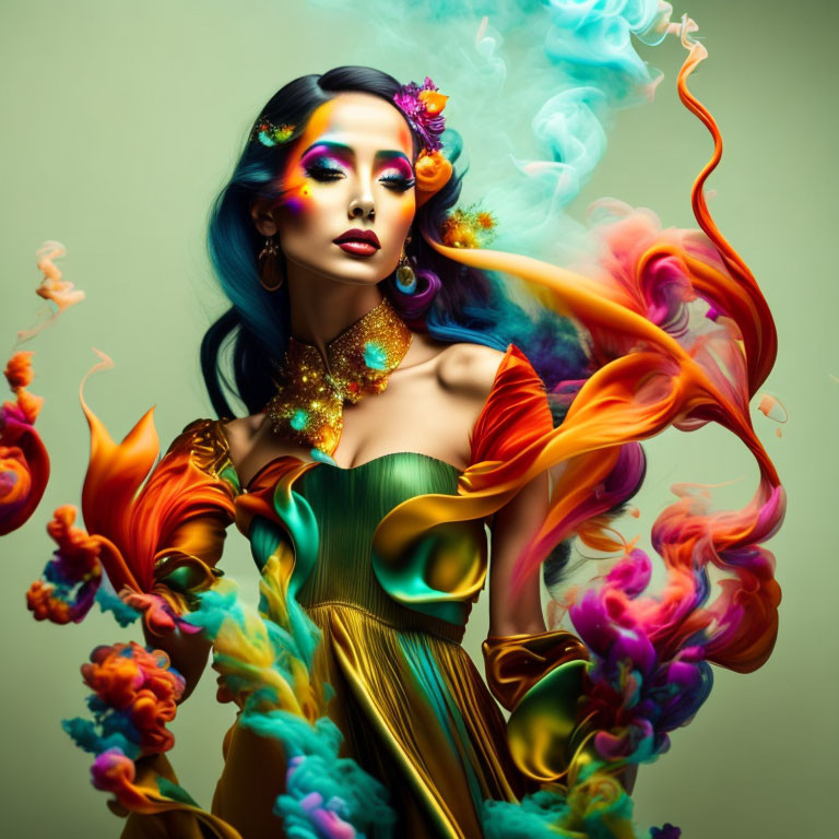 Colorful Smoke Effects Surround Woman with Vibrant Makeup