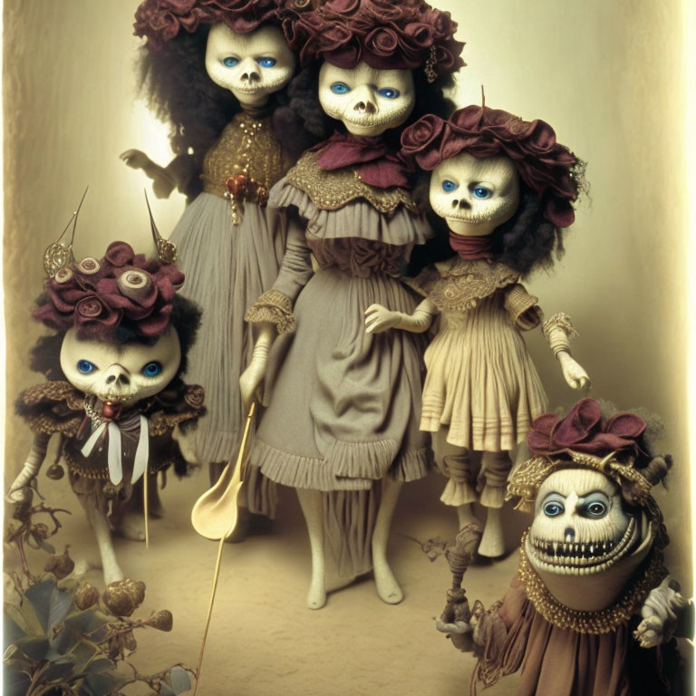 Four eerie dolls with skull-like faces in vintage dresses against an antiquated backdrop