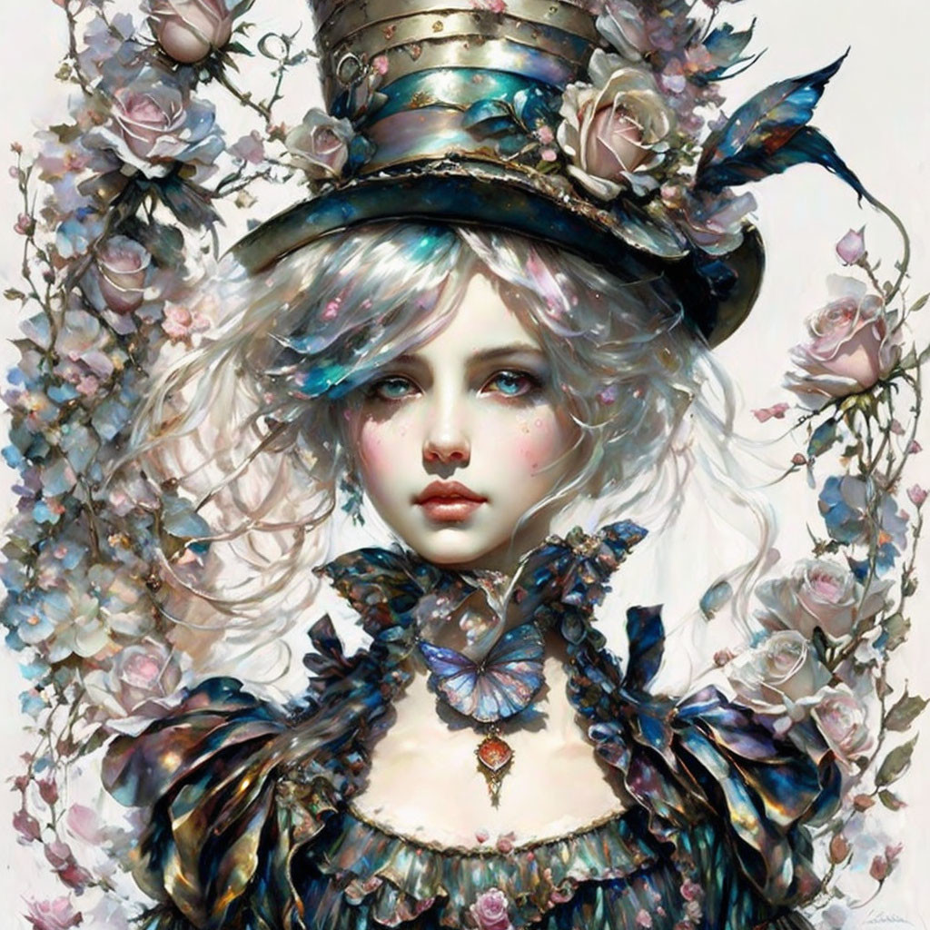 Fantastical portrait of woman with silver hair, roses, top hat, and ornate dress