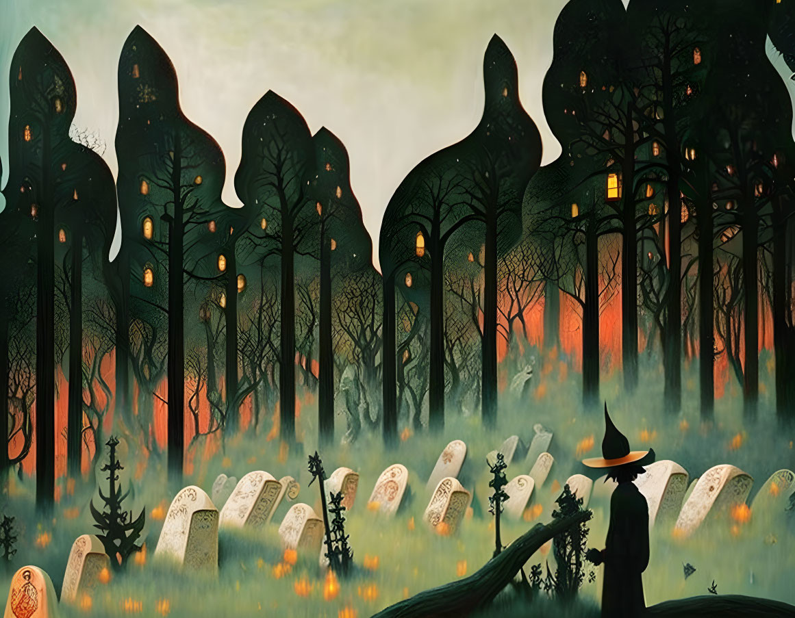 Spooky forest illustration with figure by tombstones & orange glow