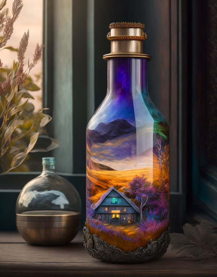 Colorful landscape painting on decorative bottle with mountains, sunset, and cottage.