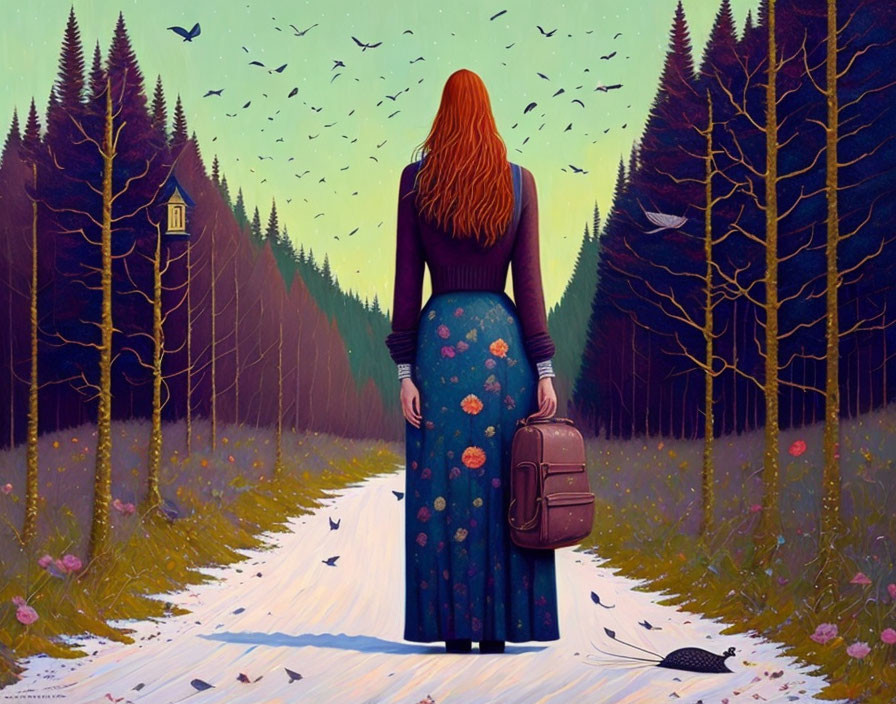 Red-haired woman on forest path with floating cabin and birds