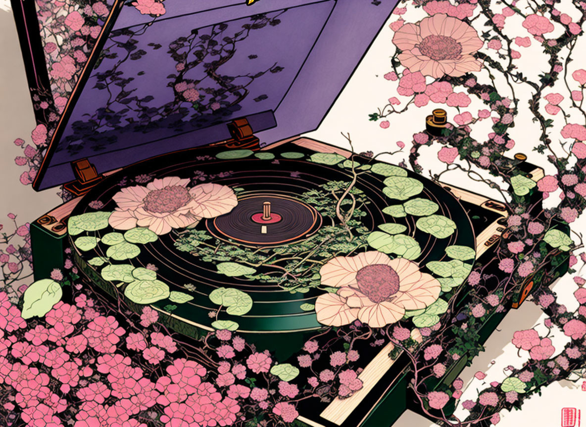 Illustration of record player with flowers and spinning vinyl under purple umbrella