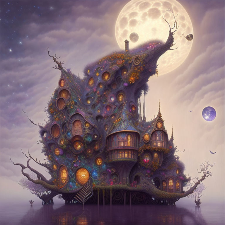 Fantasy treehouse with glowing windows and twilight sky with two moons