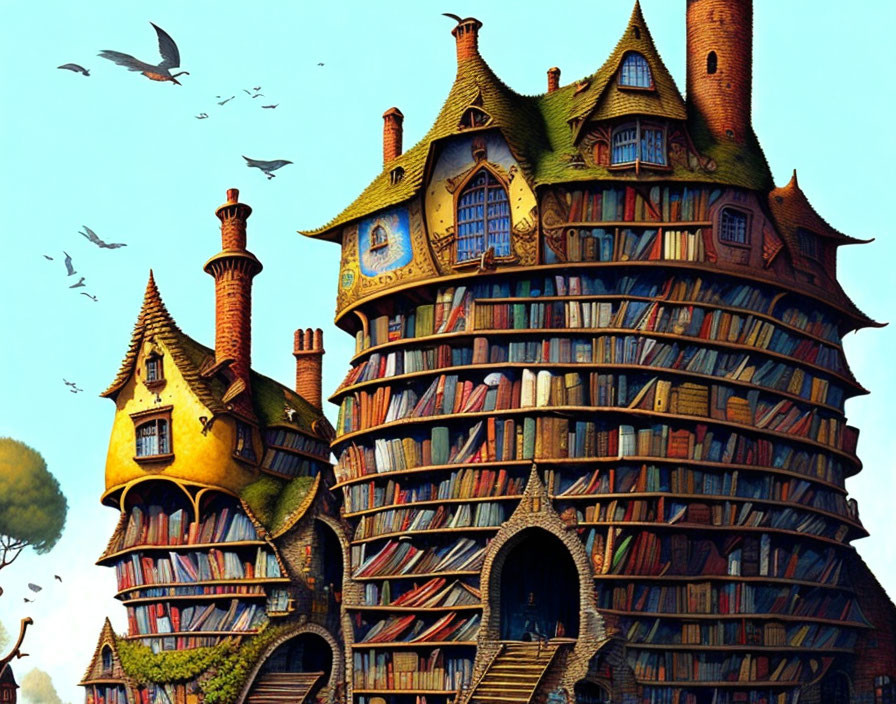 Whimsical book house with turret rooftops, trees, and birds