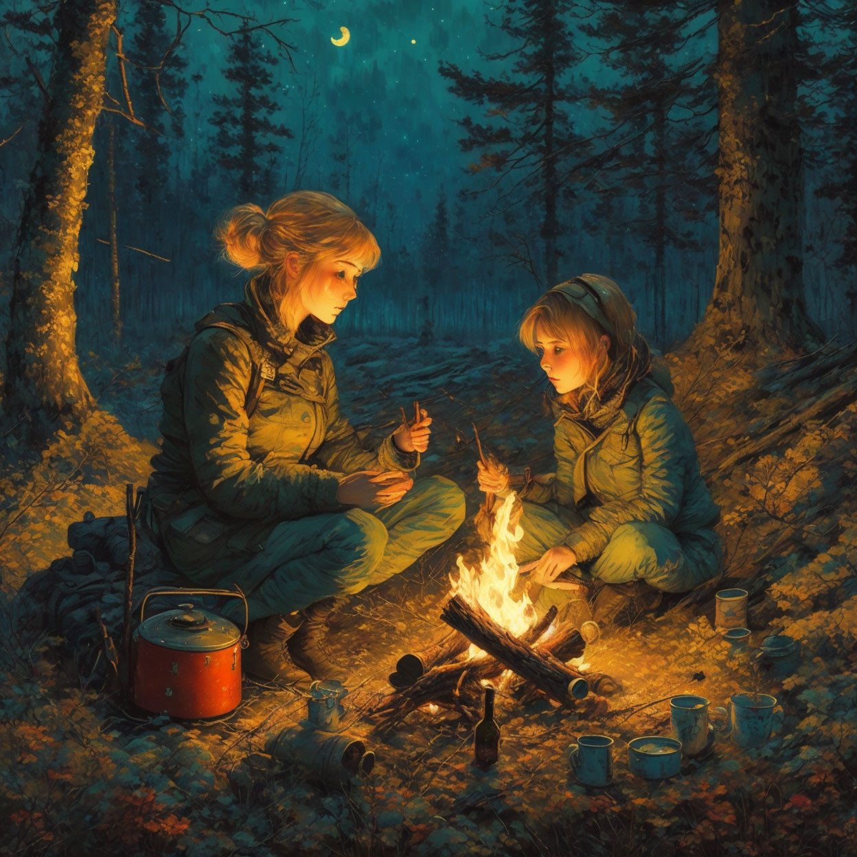 Children sitting by campfire in forest at night with red pot and cans, under moonlit sky.