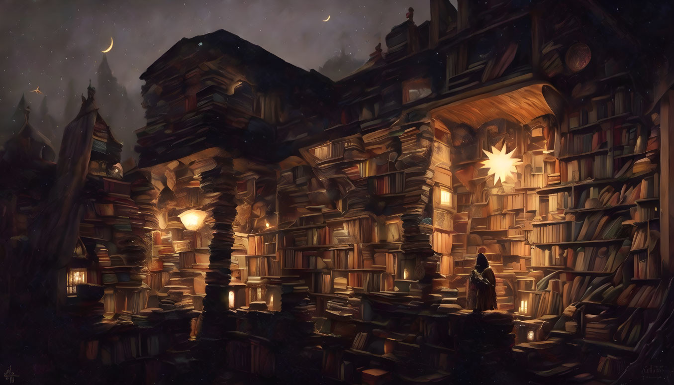 Dimly Lit Room Overflowing with Books and Magical Ambiance