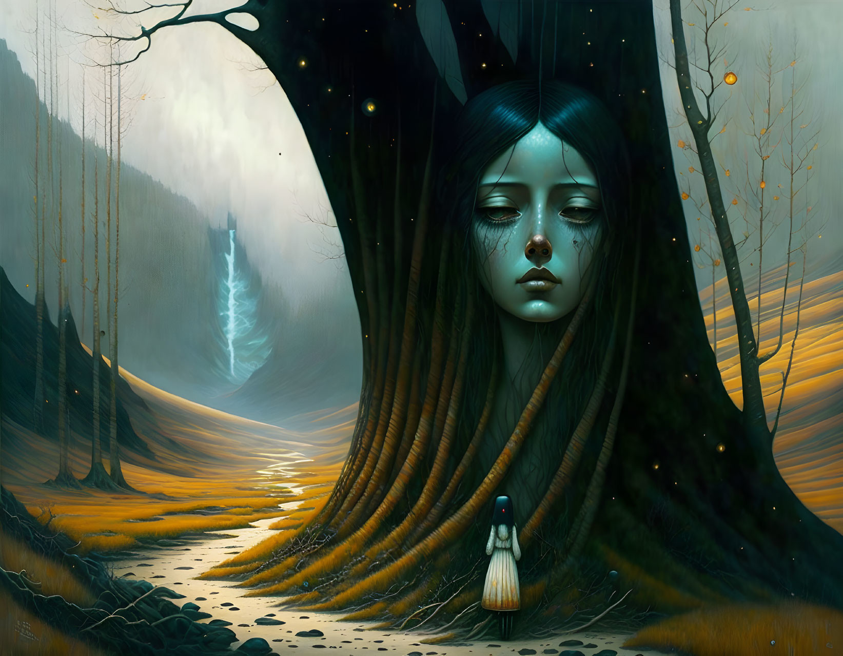 Surreal illustration of girl with long hair in mystical forest