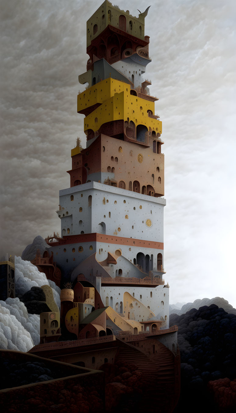 Fantastical tower on ship floating in cloudy sky