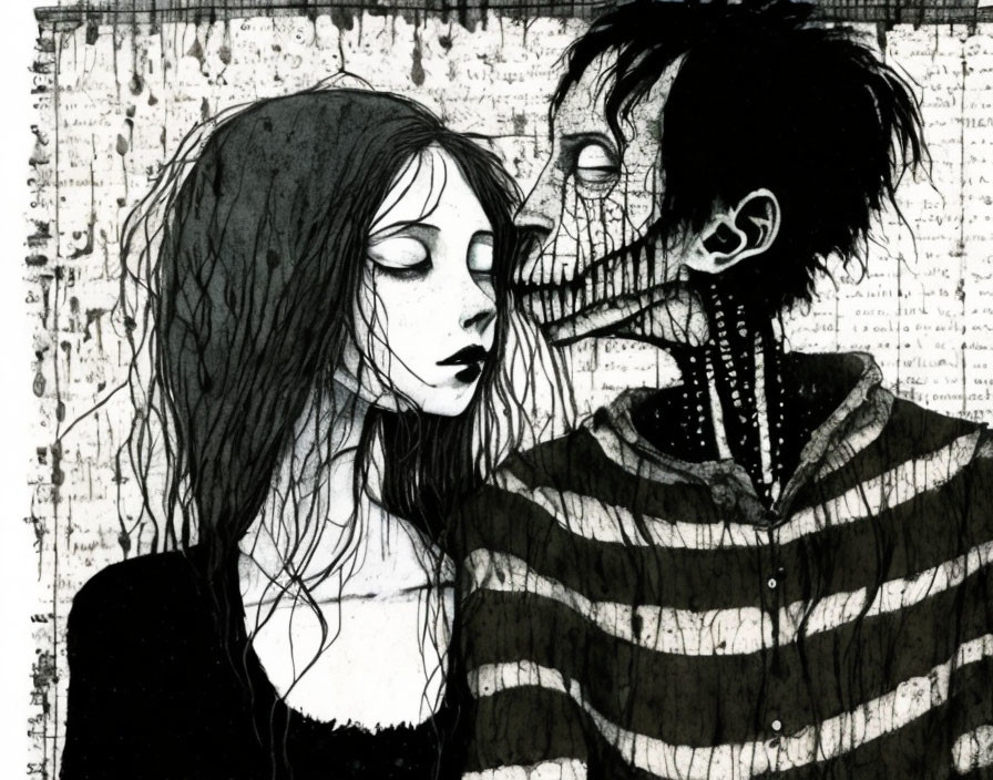 Monochrome gothic-style couple illustration with female character's long hair and male character's elongated face