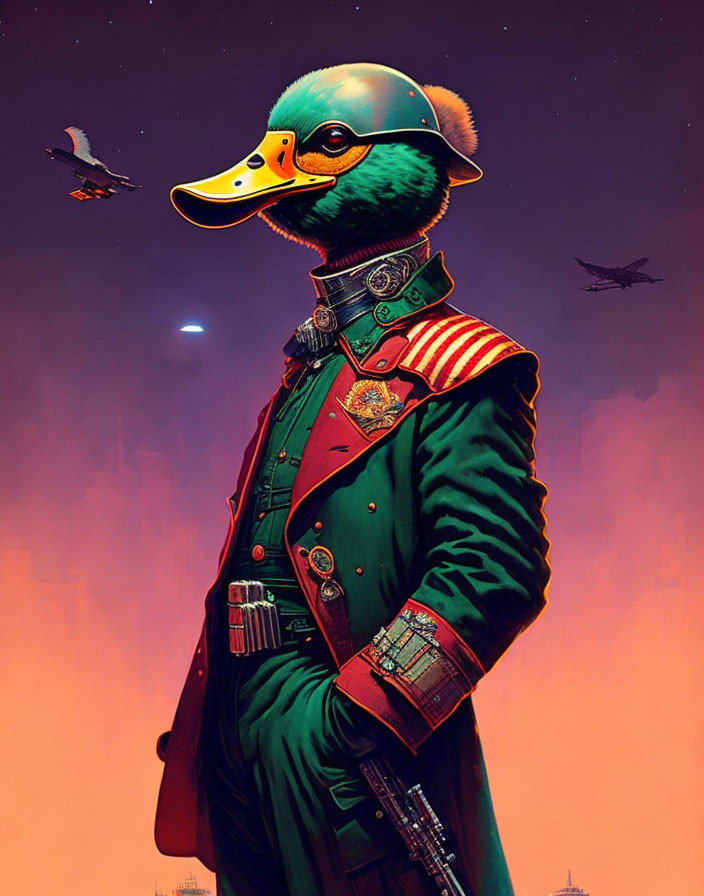 Anthropomorphic duck in military uniform with medals against dusky sky and city silhouette.