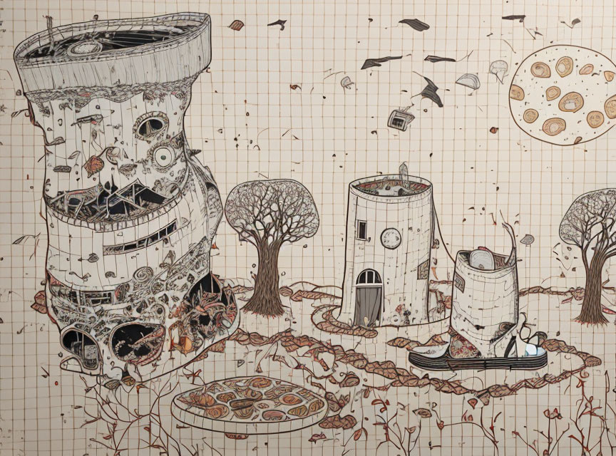 Surreal sketch of intricate cylindrical structures and whimsical elements