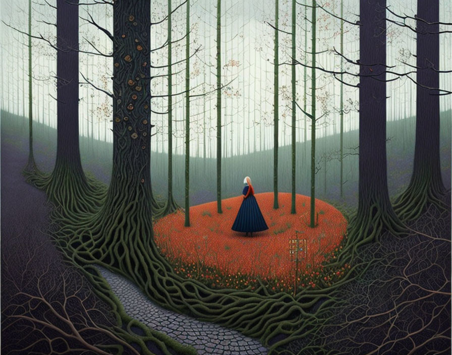 Solitary Figure in Blue Cloak Surrounded by Orange Flowers in Forest