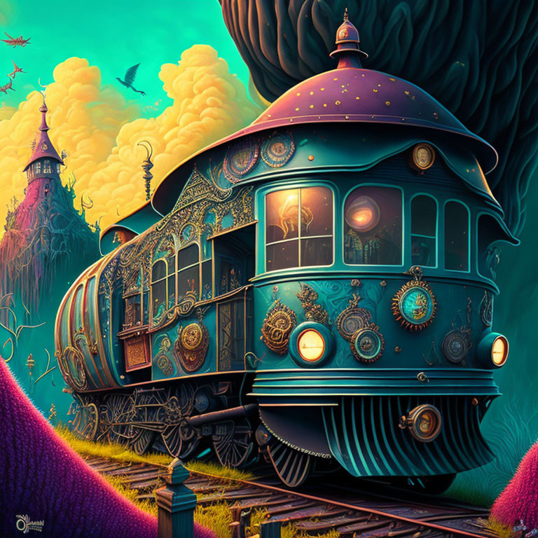 Fantasy-themed illustration of ornate mechanical train in exotic setting