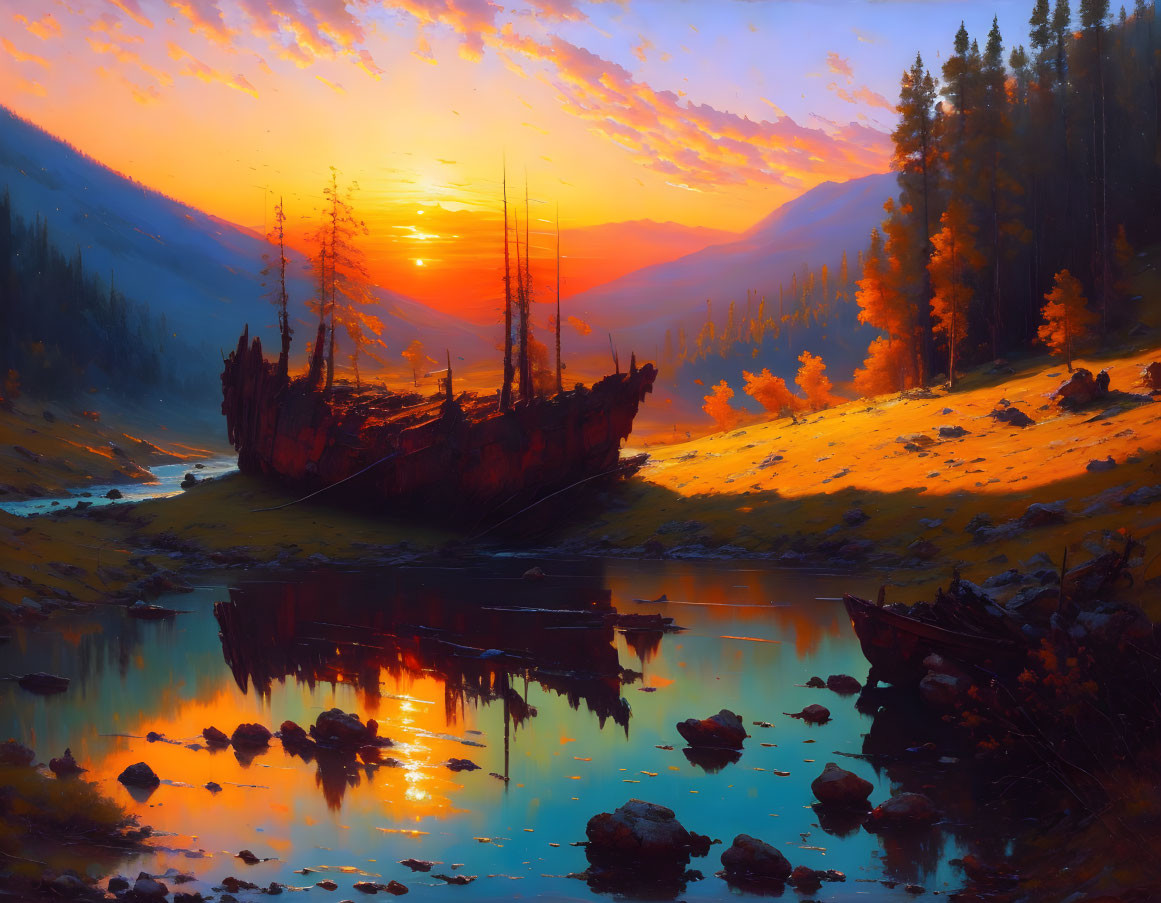 Sunset landscape with shipwreck by reflective lake and autumn trees