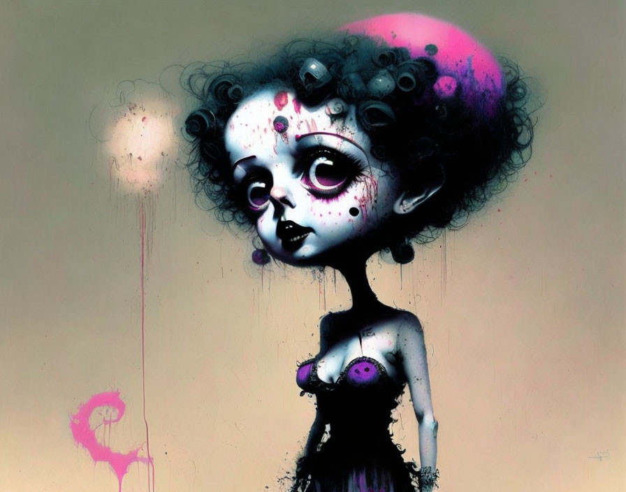 Surreal gothic illustration of a girl with exaggerated eyes and whimsical makeup