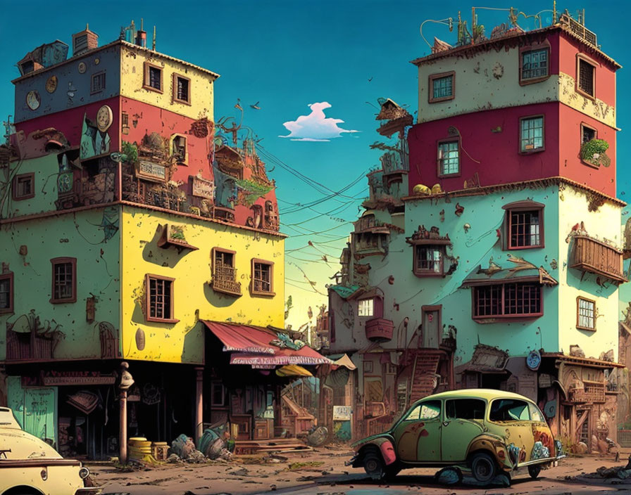 Whimsical street illustration with stacked buildings and vintage car