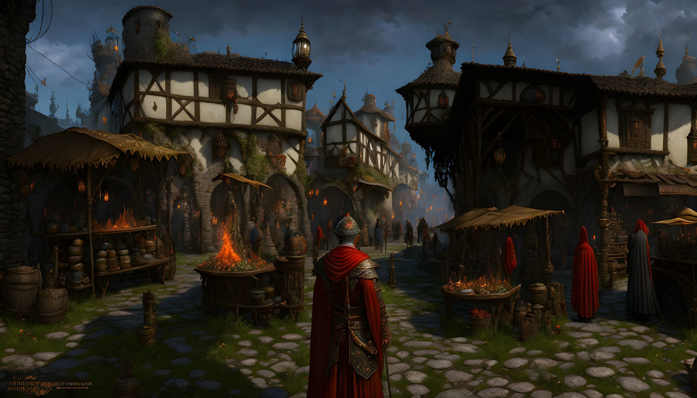 Medieval village scene with cobblestone streets, half-timbered houses, red cloaks