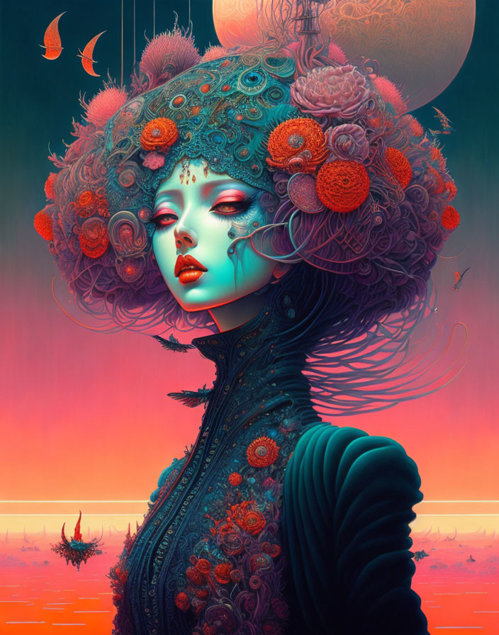 Fantastical portrait of woman with floral headgear and vibrant makeup