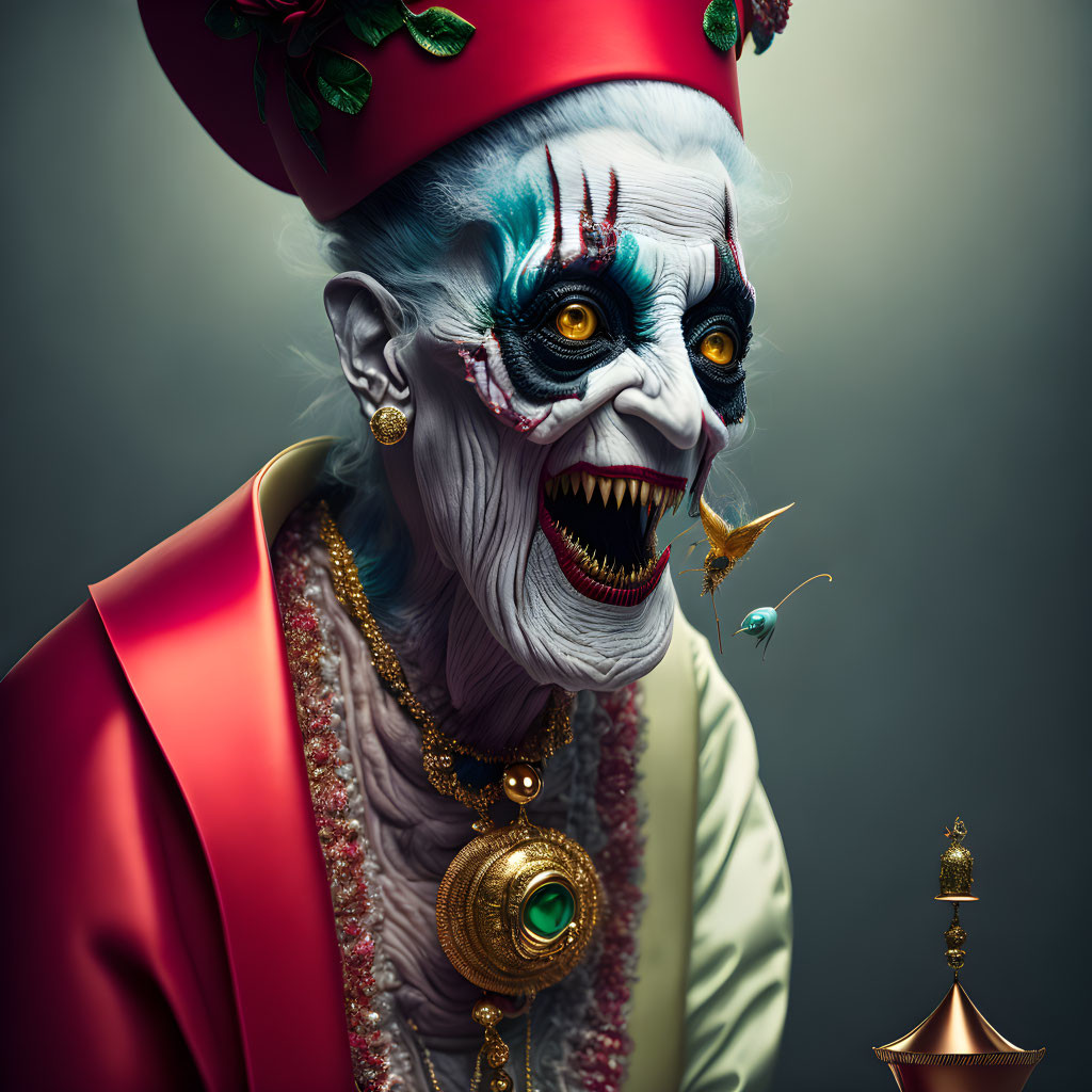 Theatrical makeup on person in red attire with gold jewelry on grey background