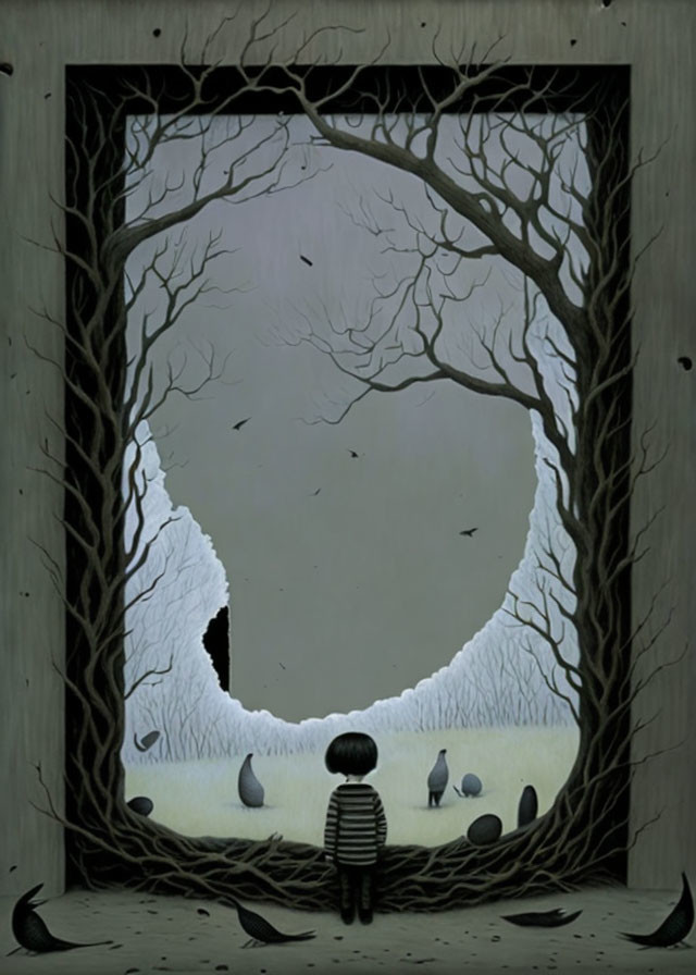 Child standing before surreal oversized keyhole-shaped gateway with twisted trees, birds, and eerie landscape.