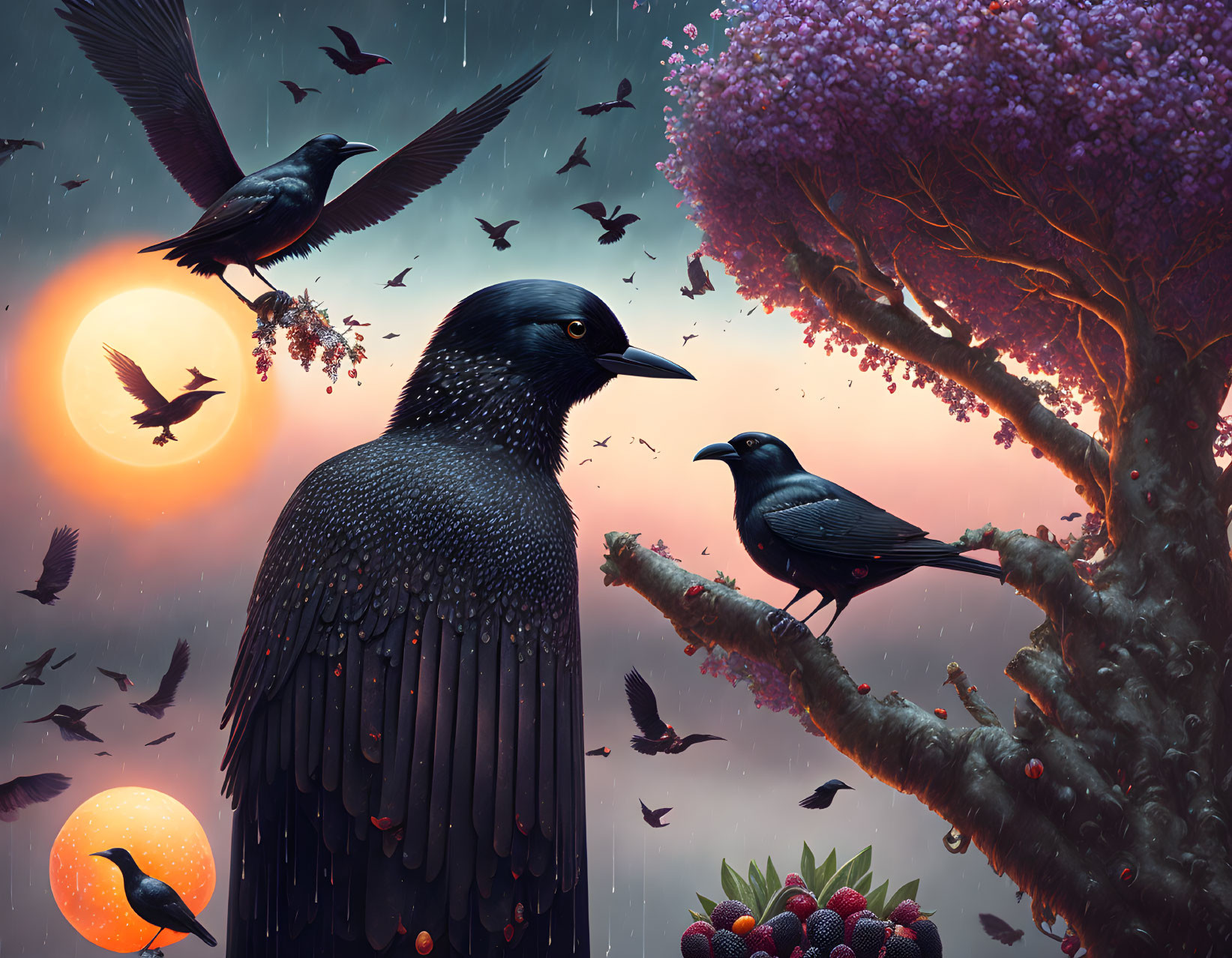 Starlings perched on purple-flowered tree branches at sunset with flying birds in dusky sky