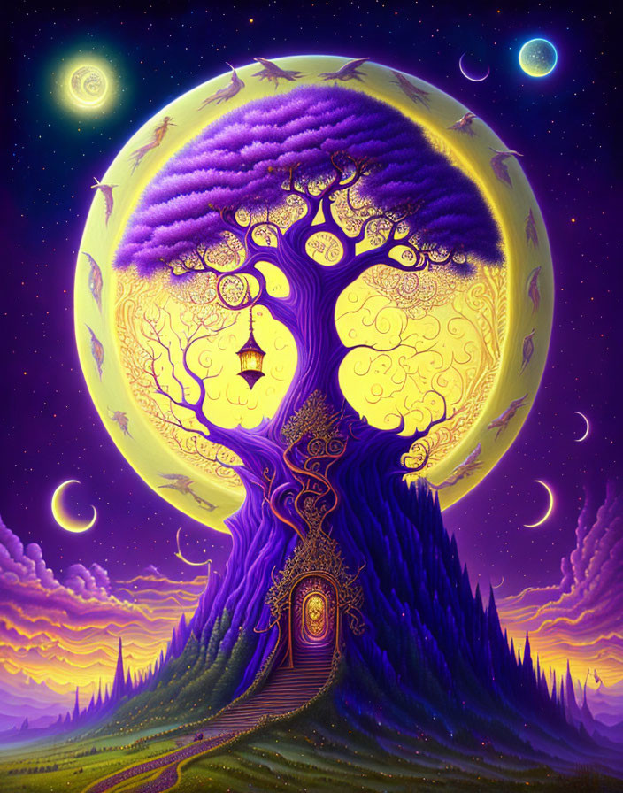 Whimsical purple tree with golden doorway under full moon