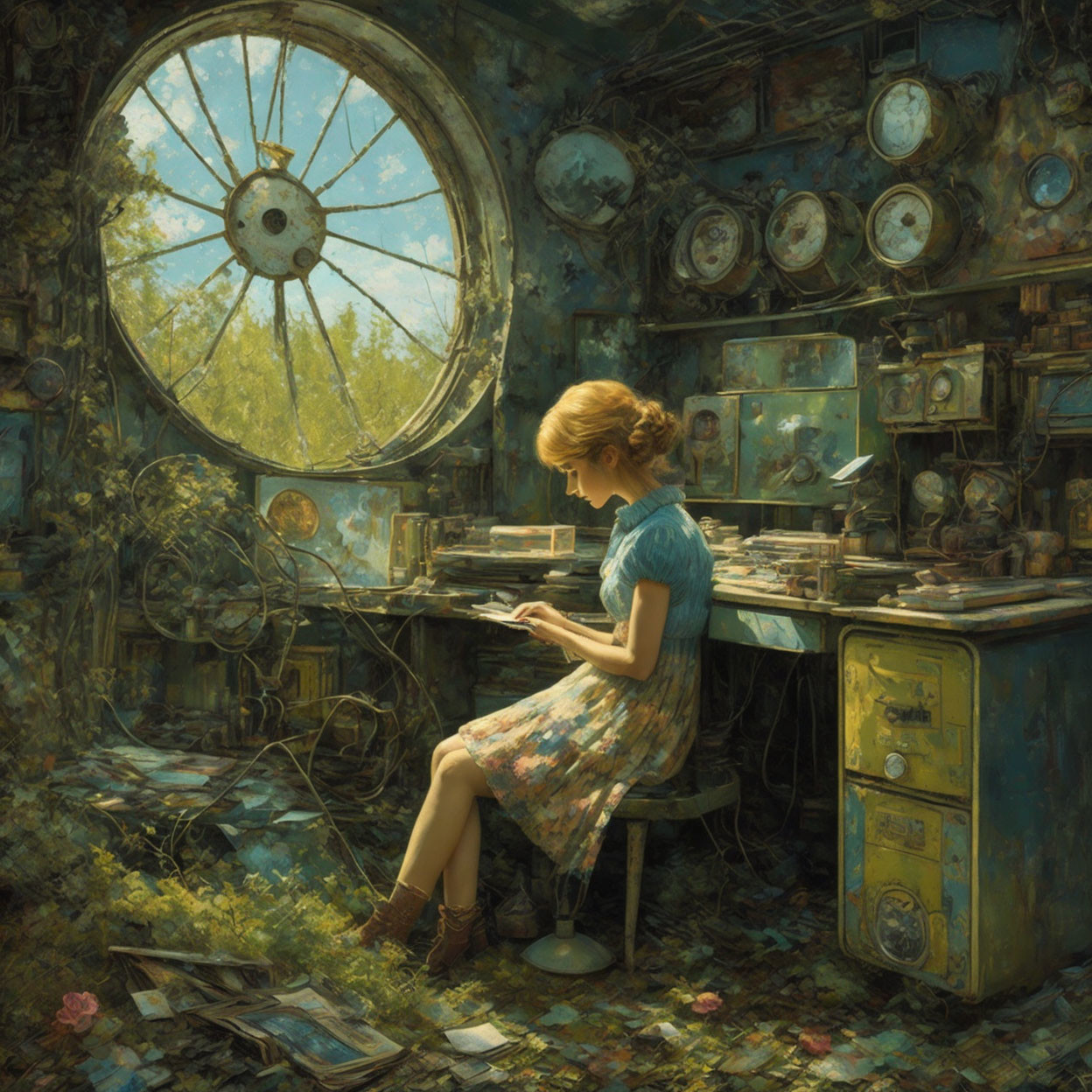 Woman reading in whimsical room with vintage clocks and round window