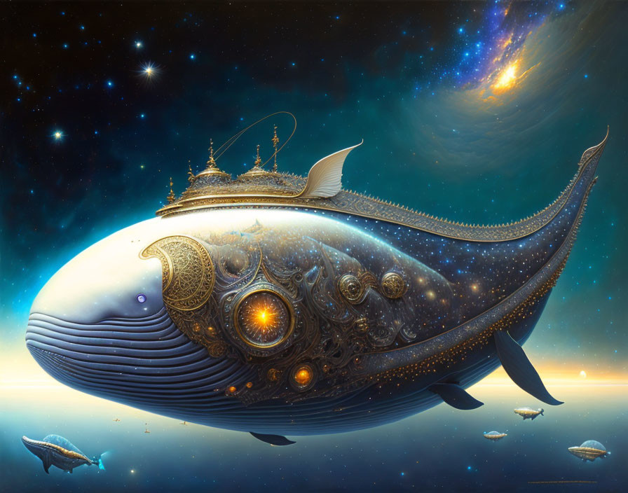 Ornately Decorated Space Whale Surrounded by Stars and Galaxy