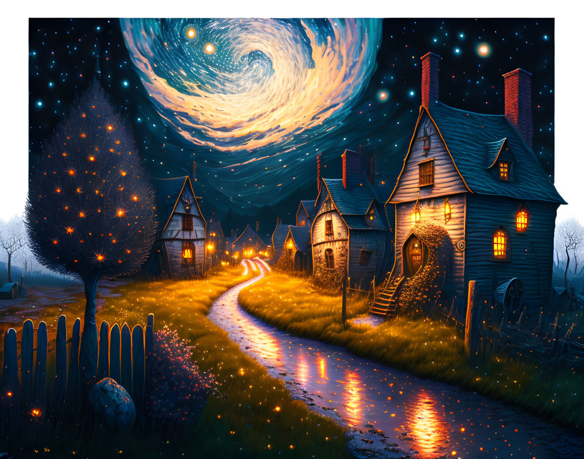 Whimsical night scene with starry sky and glowing path.