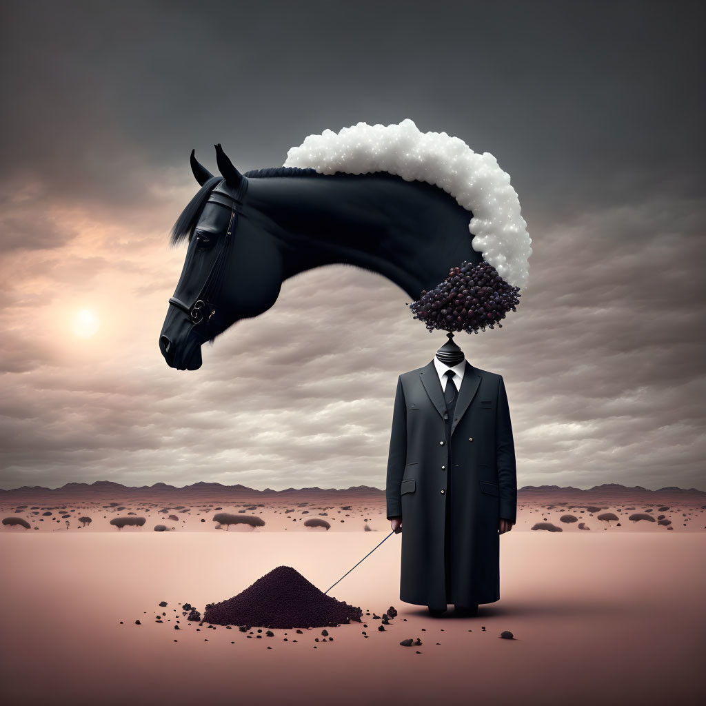 Surreal image: horse head with cloud mane & grape tail on man in suit in desert landscape