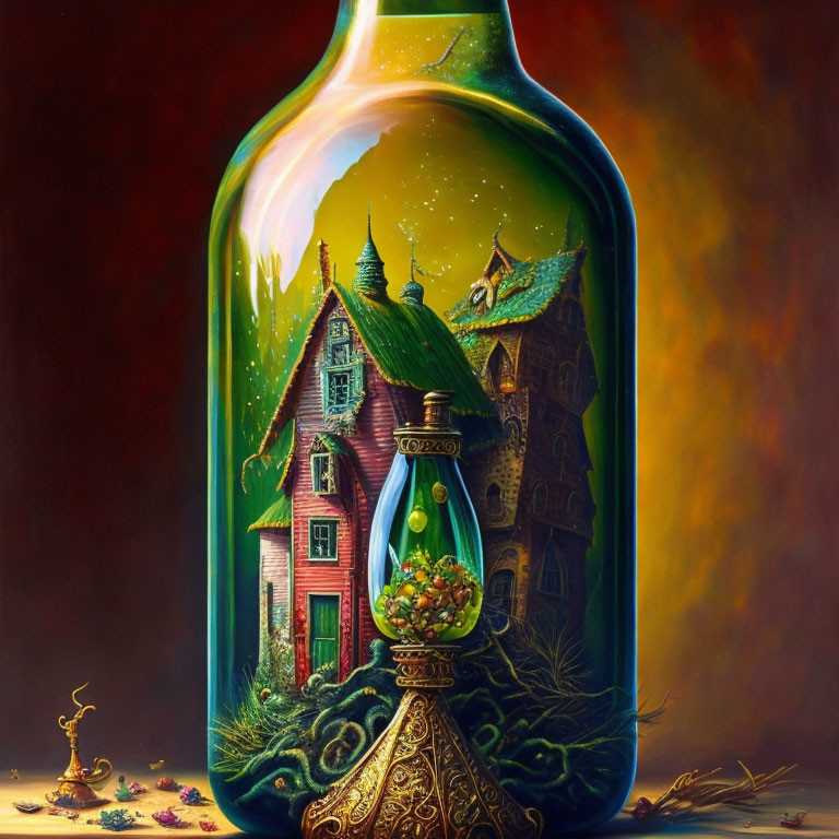 Vibrant village scene in a bottle with lush greenery and starry sky