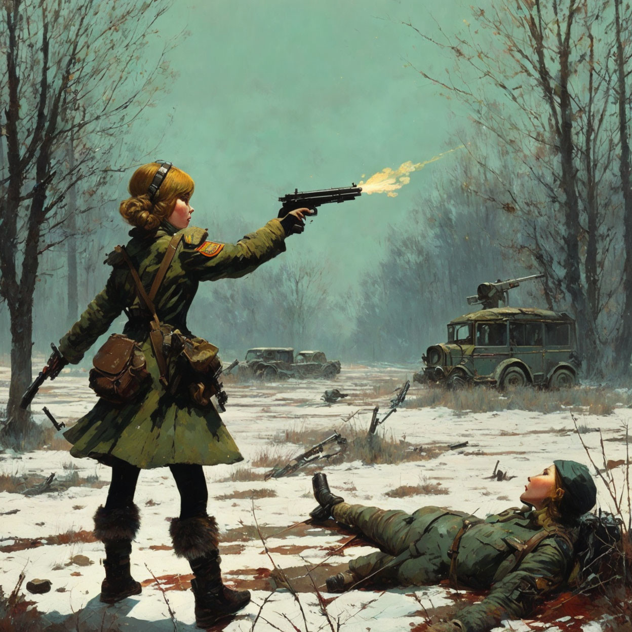 Young girl in military coat fires rifle in snowy landscape with vehicles & soldier