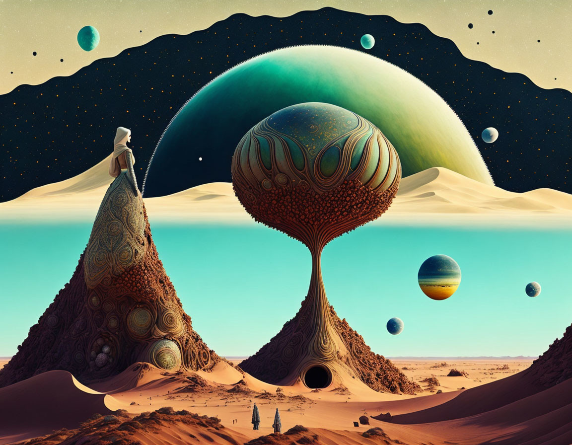 Surreal landscape with cloaked figure, alien trees, and looming planets