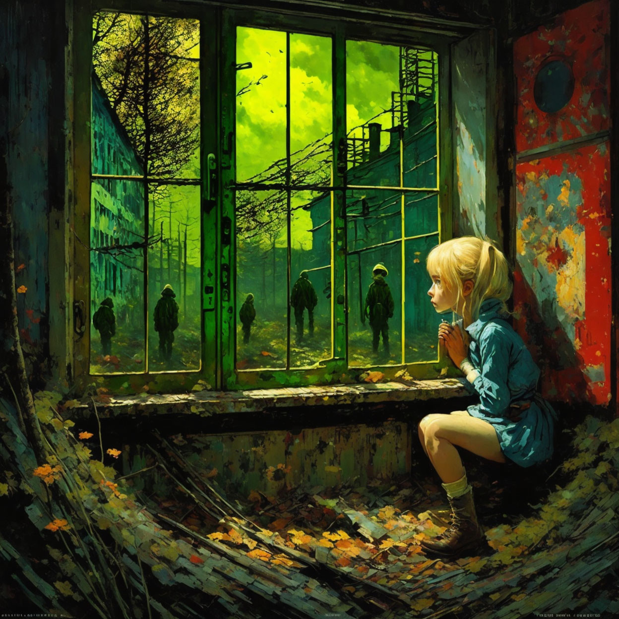 Young girl gazes at silhouettes under green sky from derelict room