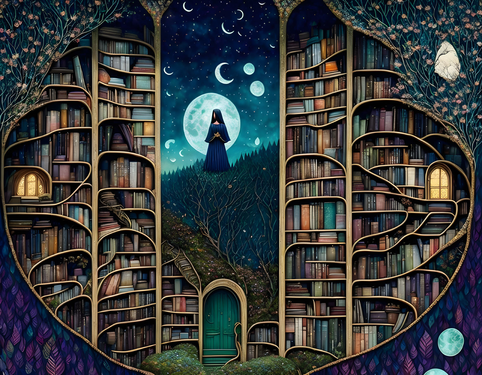 Woman on balcony surrounded by tree-shaped bookshelves under night sky.