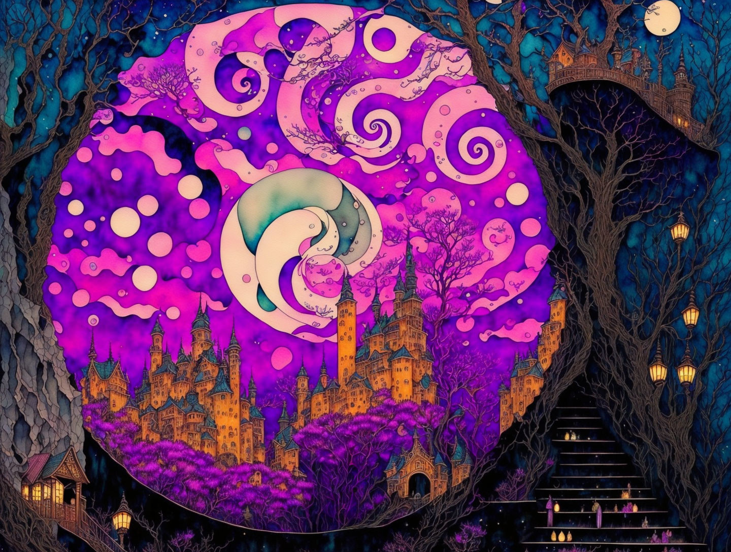 Purple and Pink Fantasy Landscape with Castle and Full Moon