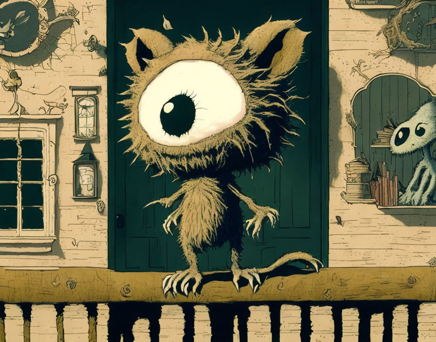 Fuzzy creature with large eye in room with peculiar clocks and shadowy figure